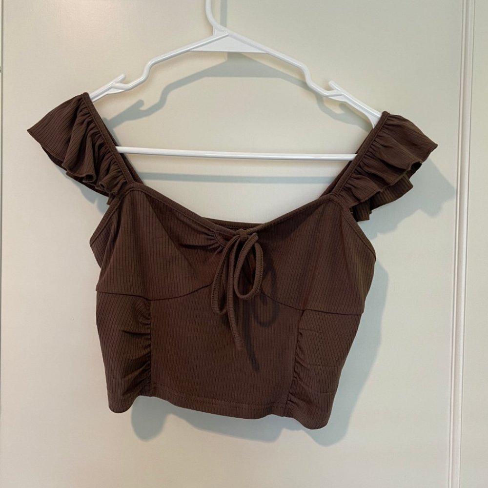 Solid Ruffle Knotted Rib Crop Tank Top